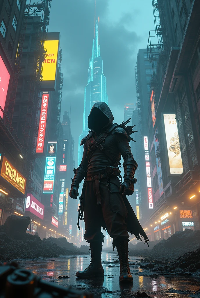 Develop a cinematic image in 8K resolution, displaying a futuristic urban scene at night. The scene should highlight a metropolis full of skyscrapers with innovative architecture, illuminated by vibrant neon lights in shades of blue, purple and red. En el centro de la imagen, an enigmatic figure wearing state-of-the-art technological armor, with intricate details and pulsating lights, is standing on top of a building, looking at the city below. A chuva cai suavemente, creating sparkling reflections on metal surfaces and puddles of water, while flying cars and drones circle around. Dramatic lighting and the use of deep shadows should create an atmosphere of mystery and power.. Cada elemento, from textures to light effects, must be worked with maximum precision, so that the image conveys a sense of immersion and sophistication. The end result should be a visually stunning piece of work., capable of capturing attention and inspiring the acquisition of products based on this aesthetic."

