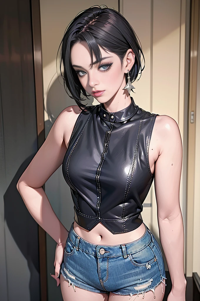 1，Black short hair，Photorealism，detailed，masterpiece， (Lean), Young Girls，Denim shorts、Dark vest，1，aldult, (Punk Girl)，Earrings、Lip Studs，Dark eyeshadow，high quality，Standing，High resolution 4K information,Hospital Ward,smokes，cigarette，Cold