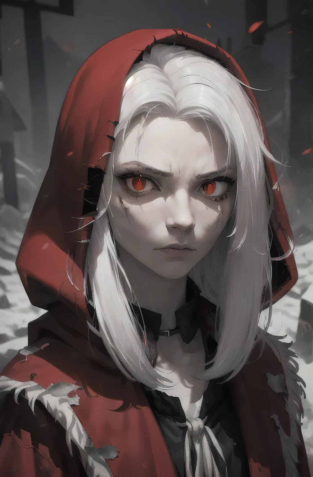 Masterpiece, best quality, 8k, dramatic lighting, 1girl, (((colorless skin, white skin))), ((((white hair)))), solo, (long hair, matted hair, straight hair), expressive eyes, intense expression, (( gaunt cheeks, pronounced cheek bones, undead, malnourished )), (((red eyes, snake eyes))), looking at viewer, black leather vest, red hair streaks, dark background, upper body, small breasts, albino,(mature female, eye wrinkles, red eyeliner), ((ragged clothes, long sleeve , torn clothes, dark gray clothes, red wool scarf, fur lined hood, wearing rags, red cloak)), ((dirty clothes)), black leather shirt,red choker necklace , dark catacombs 