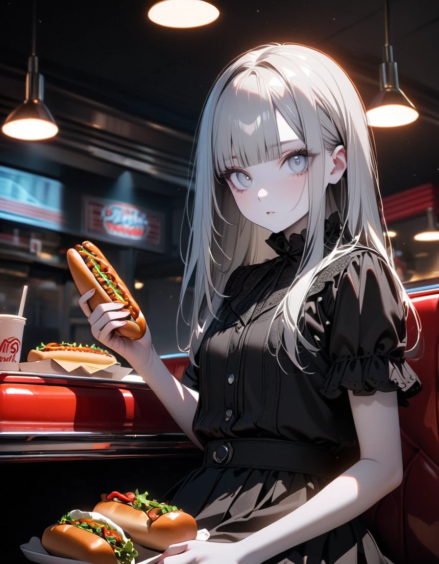 score_9, score_8_up, score_7_up, source_anime, solo, 1girl, pram \(phantom kingdom\), white dress, , long hair, white hair, , black sclera, in an american diner, ð½, Pentax K-500, <lora:pram_PDXL-000001:1>