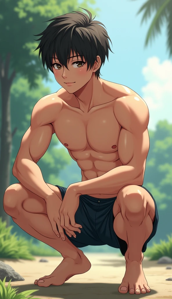 masterpiece,high quality,最high quality,Ultra-high resolution,-yeld bohort hair,Messy Hair,Brown Hair,Brown eyes,Healthy burnt skin,topless,Completely naked,barefoot,Shonen Focus,The whole body of the boy,Only the boy sits with his legs apart,Boy shows off his erect penis,Outdoor,Night Park,There are several men dressed to watch the boy.,The boy&#39;s hands are on the ground,The boy has  on his body and face.,Moderate muscle,Embarrassed expression,R-18