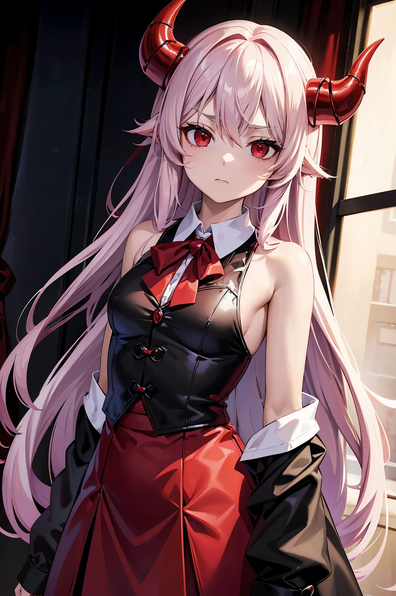 4K quality, Special quality, very detailed, clear picture, anime girl, Long pink hair, Move my hair, conjunctivitis, standout earrings, Gothic Lolita, red dress, middle bust, small thighs , Sitting at the table., Cross your legs.