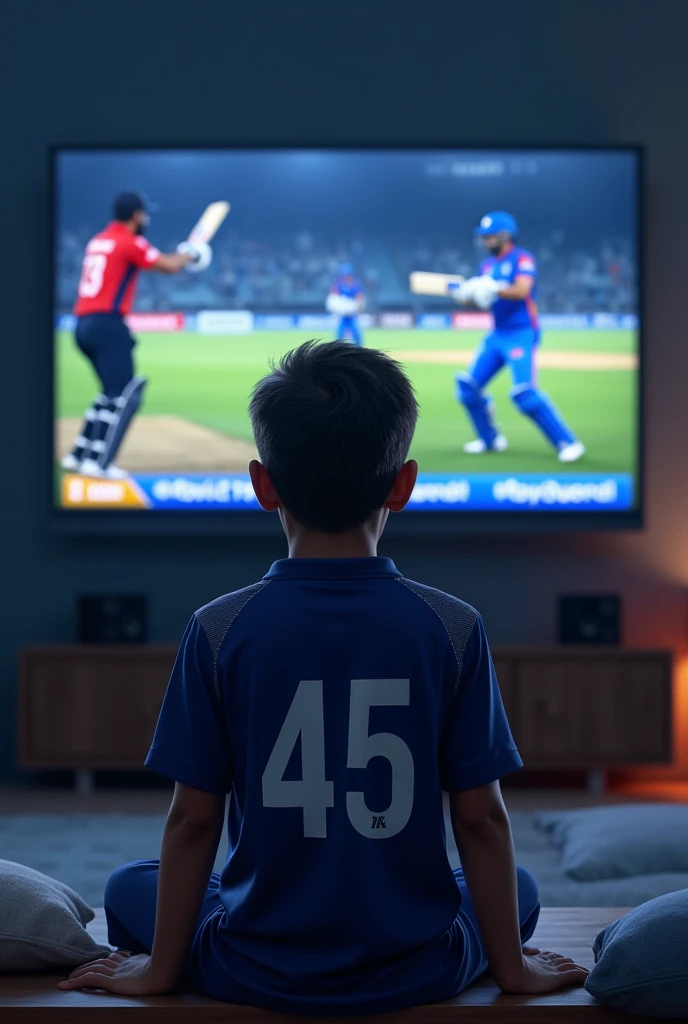 A boy sitting in front of tv and watching cricket match wearing india jersey and dubba name
7 number on his jerswy