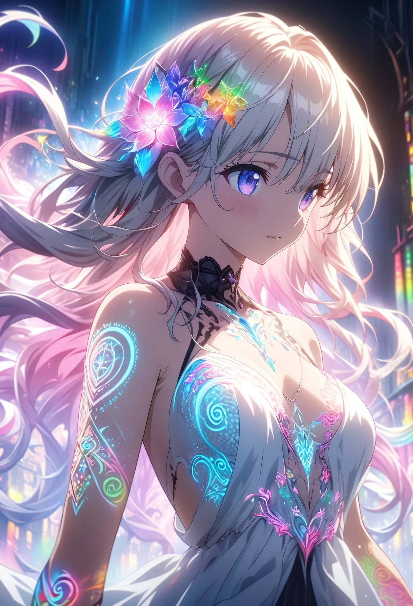 masterpiece, best quality, extremely detailed CG unity 8k wallpaper, Anime screenshot, artistic illustration of a female anime character with glowing neon flower and chain tattoos decorated in spirals all over her body. The tattoo on the arm is mixed with white and red, rainbow and white light, emitting neon light. With flowing hair, this scene has a fantastic soft-focus effect, highlighting the magical glow of the tattoo. The background is a dark building.