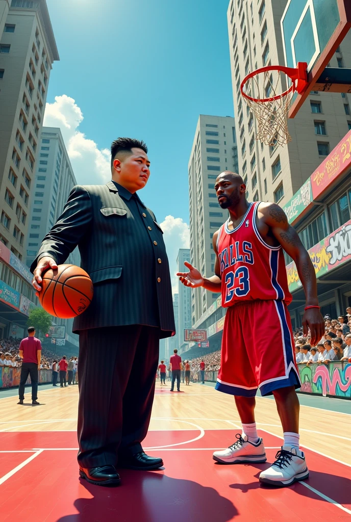 Kim Jong Un, sitting at NBA basketball game in USA, wearing black suit, American crowd all around