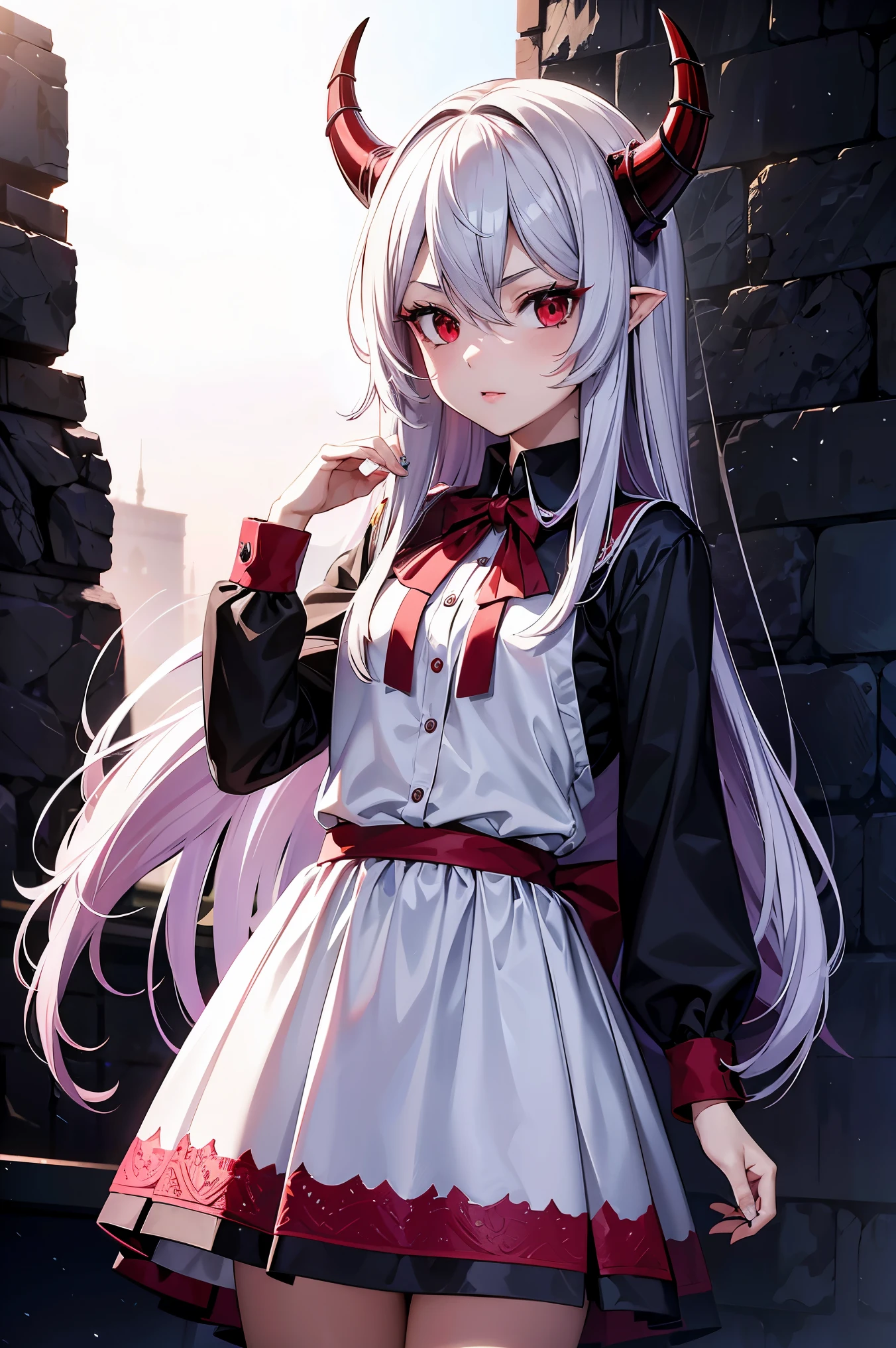 remilia scarlet, girl, red eyes, long hair, demon horns, short sleeve dress, young body, blood on body, high quality, 8k, best quality, 4k, ultra-detailed, realistic, photorealistic, vivid colors, sharp focus, professional, masterpiece, extremely detailed eyes and face, beautiful detailed eyes, beautiful detailed lips, long eyelashes, concept art Chica de anime con cabello largo y blanco, ojos rojos y sudadera negra 