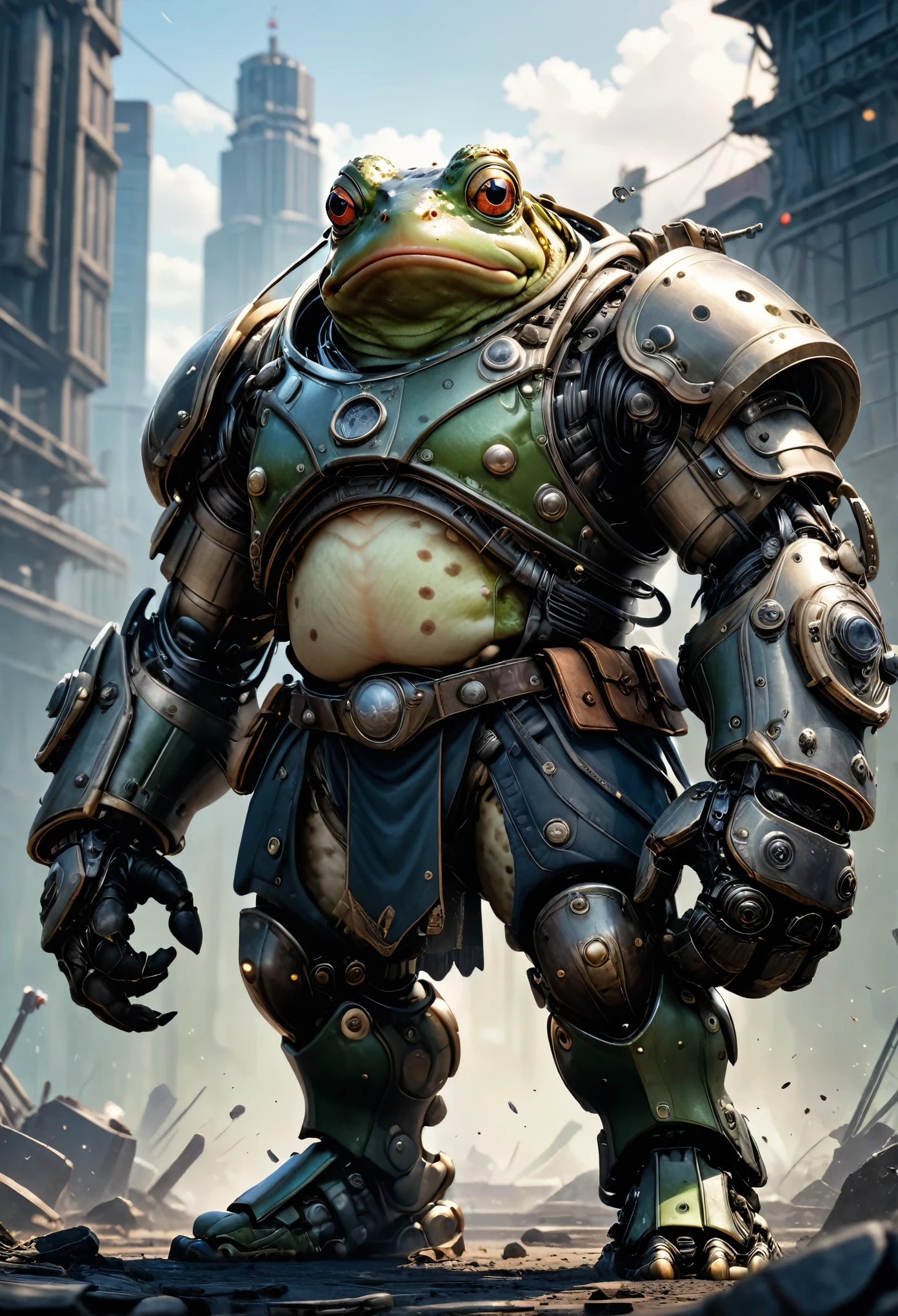 photorealistic portrait of Dressed animals - a ((fat)) frog warrior,(brave pose), high quality,(lovely) ,intricate detailed giant mechanical arms, highly detailed ((mechanical armor) ,,highly detailed equipment, , (brave), cinematic lighting,(full body image from head to toe:1.5)), battle field background,score_9, score_8_up, score_7_up, score_6_up, score_5_up, score_4_up,
