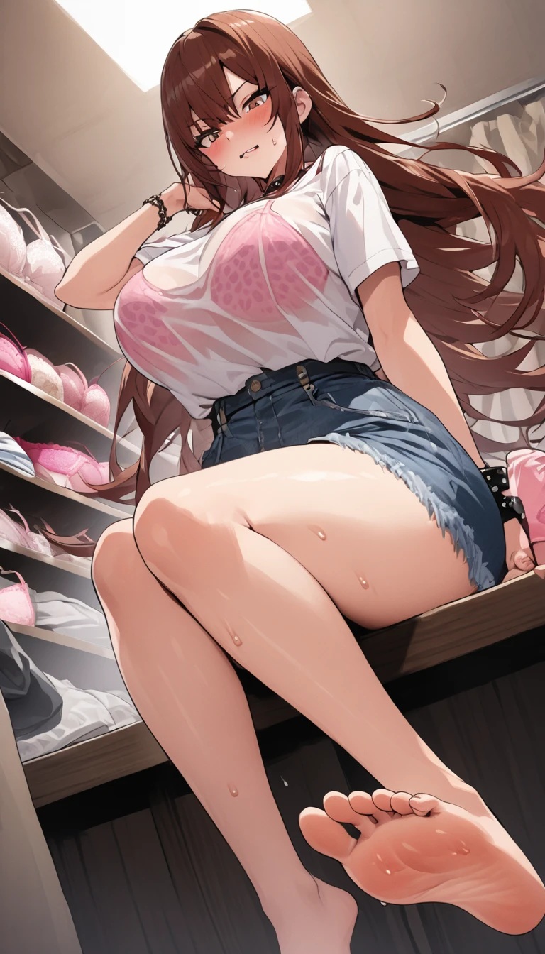 Ultra-high definition image quality、beautiful girl、Yankee Girl、Reddish brown hair、Messy semi-long hair、Gal、Bustling lingerie shop、Off-the-shoulder T-shirt、Denim skirt、Pink panties with leopard print、Highest quality, Big Ass、Thighs、Big Breasts、barefoot、Show me the sole of one foot、Steam from the soles of the feet、Sweat on the soles of the feet、intimidating face、Punk Fashion、Sit with your legs apart、Roll up your shirt with one hand、She rolled up her shirt to reveal her pink bra and leopard print panties.、Half a shirt off、Angle from directly below、Point the bottom of one foot towards you