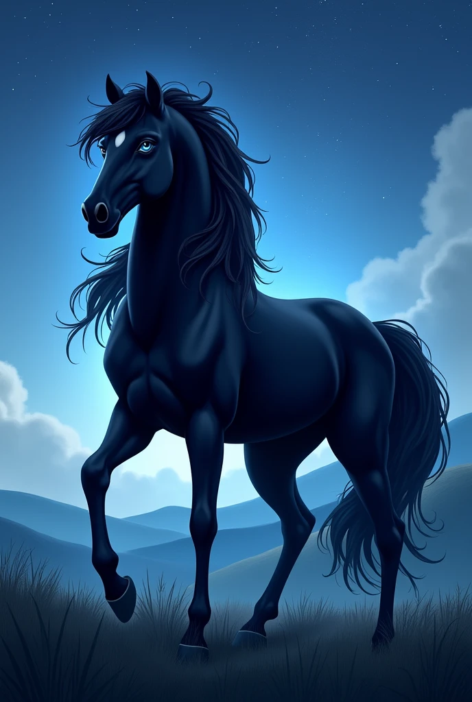 stallion black color horse feral((perfect anatomy)), low angle view((perfect precision)), ((perfect quality)), two balls between the legs((masterpiece)), beautiful butt((perfect quality)), male, on mid of forest,long black hair((perfect quality)), green eyes((perfect precision)), furry art ((best quality)), 3d render((perfect precision)) 4K, Extreme detail, detailed face