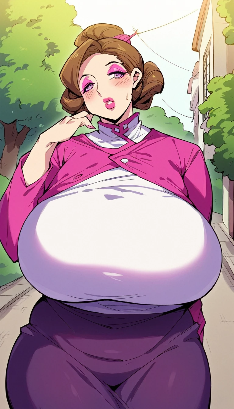 anime colord,kazami torino,(gigantic breasts:1.4),wide hip,thick thighs,plump,mature female nude,brown hair,updo,lipstick,tareme,cowboy shot,blush, (((phosphor pink lipstick, plump lips, phosphor pink eyeshadow)))((In the background a street with trees and houses attached like apartments))