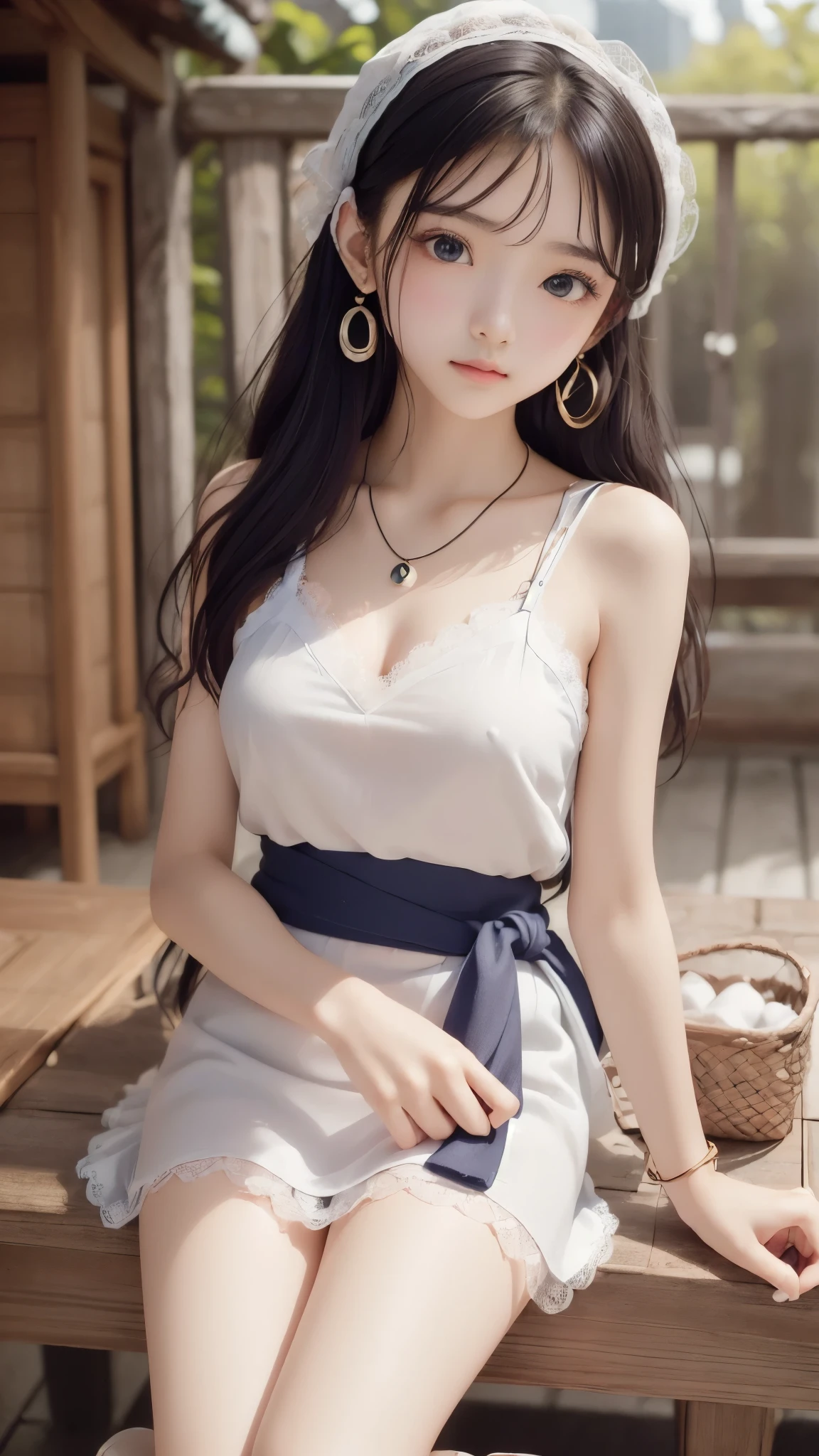 ((software: 1.4)), (software,彼女は白い刺繍の入った長いスカートをyesている, Red blouse with lace, A white apron is tied around her waist, Blue socks, Brown leather shoes.She has a blue scarf wrapped around her head. yes, Her accessories include necklaces., Earrings, bracelet. 1 girl)), Ultra-high resolution, (Realistic: 1.4), RAW Photos, Highest quality, (PhotoRealistic Stick), concentrated, Soft Light, (()),  (( (Young Face))), (surface), (Depth of written boundary), masterpiece, (Realistic), woman, bangs, ((1 girl))
