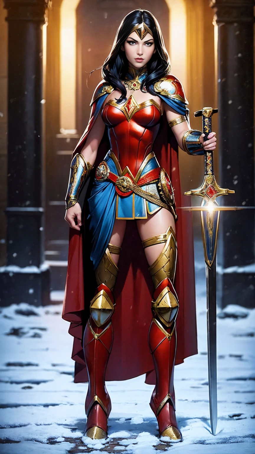 ((full body photo, standing)) masterpiece, best quality, 1girl, veronica, (((full body photo))) 1 girl, Wonder Woman, bracelet, black hair, blurred, armband, breathing, cape, cowboy shot, depth of field, restraint, gun restraint, lasso, looking at viewer , parted lips, pommel, realistic, reverse grip, shield, skirt, snow, neveing, alone, superhero, sword, tiara, toned, weapon, weapon behind back, ((work of art))
