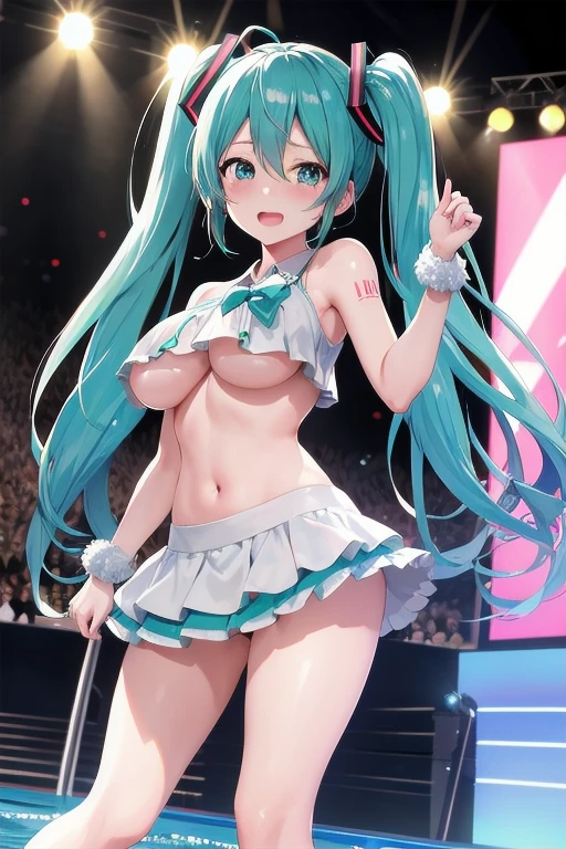 hatsune miku, aqua hair, twin talls, large breasts,, Live Stage, , nsfw, solo, naked,, Peeing, lactation, projectile lactation