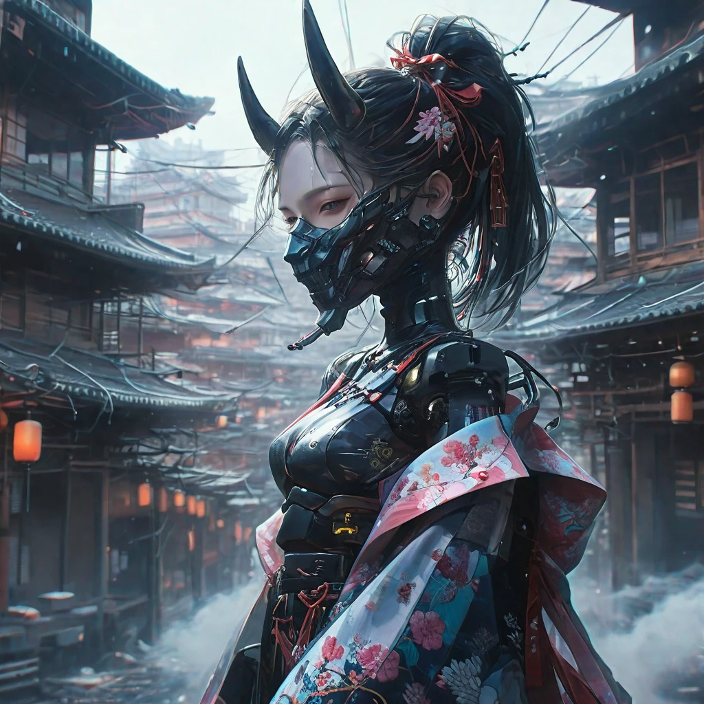 Its neck is so long it looks like a kirin、Creating an image of a female android in a beautiful kimono walking through the streets of Kyoto. The style is terrible, and the fusion of humans and Robots has a mysterious and creepy atmosphere amidst the beauty. In the background is an old Japanese cityscape. It has a long neck made of machines and wears a mask. Imagine a strange and eerie picture - Ar 9:16.
creepy atmosphere, fusion, horor, Japanese cityscape, long neck, Robots, at 6