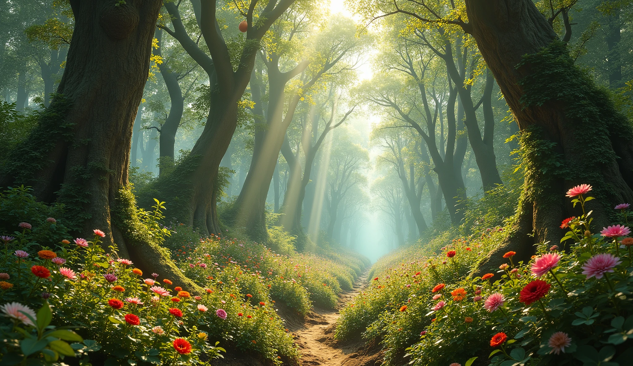 There is a path through a forest with many flowers on it - SeaArt AI