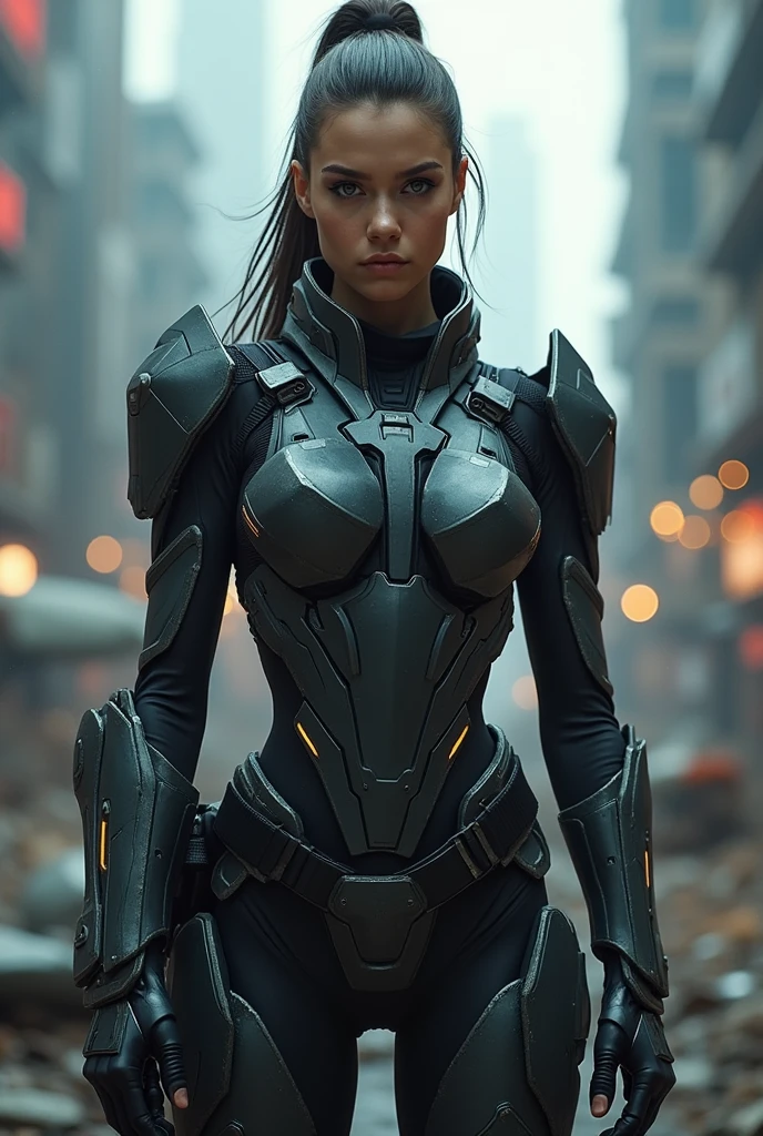 A long-haired beautiful girl wearing a black mecha