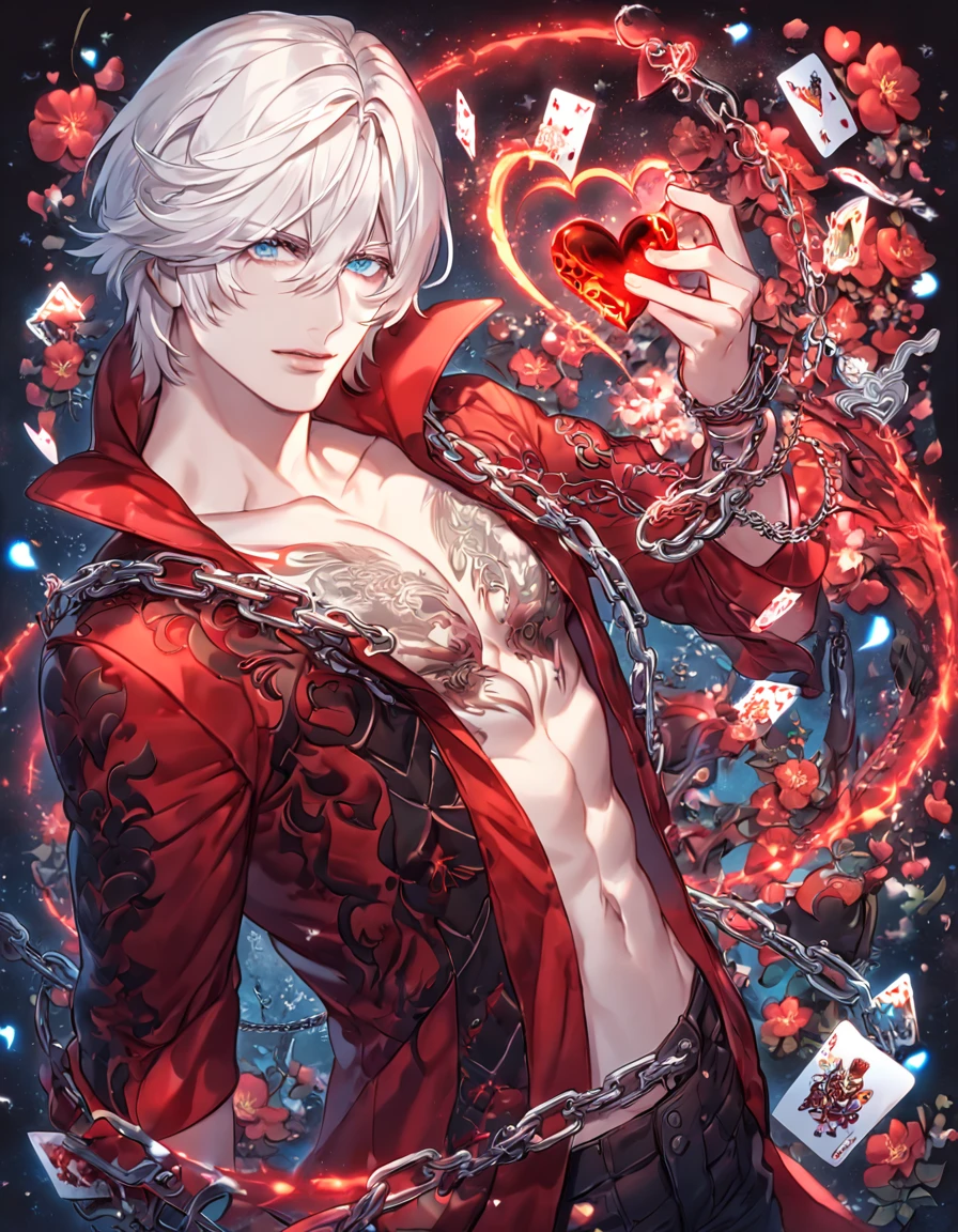 absurdres, highres, ultra detailed, HDR, master piece, best quality, Sakata Gintoki, white hair, expressive red eyes, Gintama, solo, sexy man, handsome, toned chest, white kimono, patterns, magical, fantasy, red background, red lotus, shining, red petals, red glittering butterflies