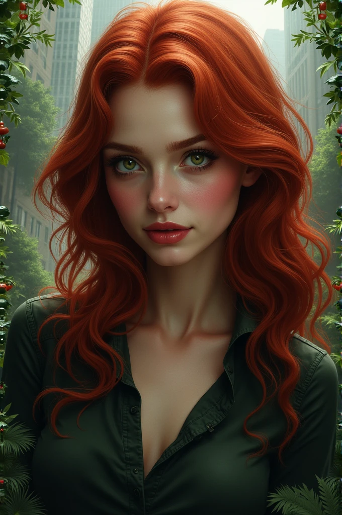 a woman with long crimson hair, intricate Green lingerie, beautiful detailed eyes, beautiful detailed lips, extremely detailed face, longeyelashes, elegant pose, graceful movement, breathtaking, detailed and realistic, oil painting, dramatic lighting, warm color palette, cinematic composition, masterpiece, 8k, high quality, poison ivy, freckles on breasts, freckles on face, (cleavage Focus)