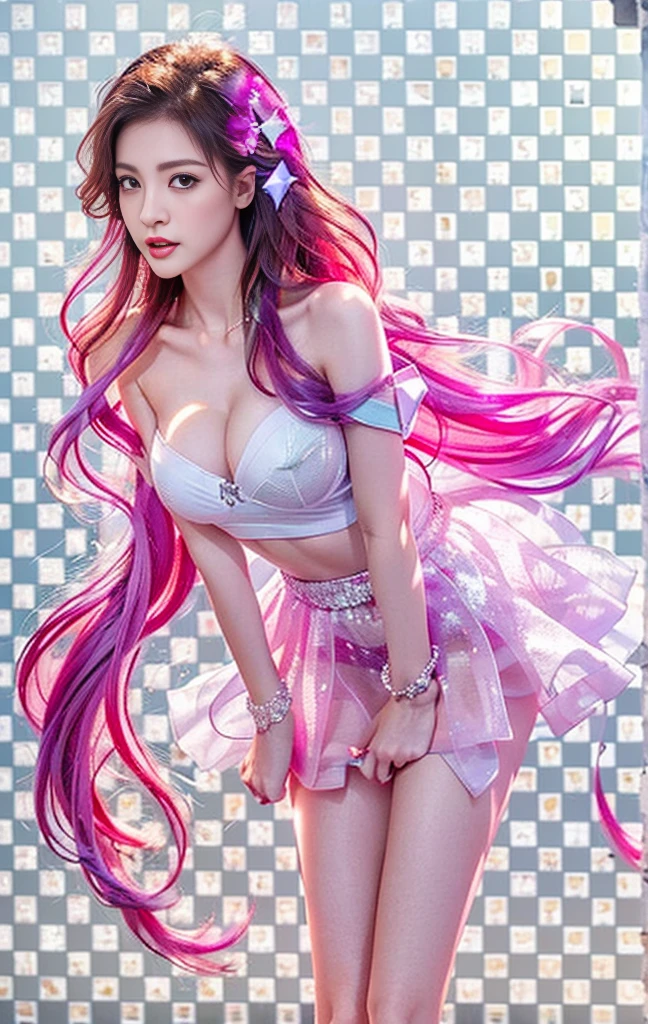 beautiful sexy female who controls poison、lipgloss、professional makeup、full body Esbian、、sparkling poisoned flower costume、、、、sparkling Colorful hair、secrete poison、skull hair accessories schnet tights、flowers background