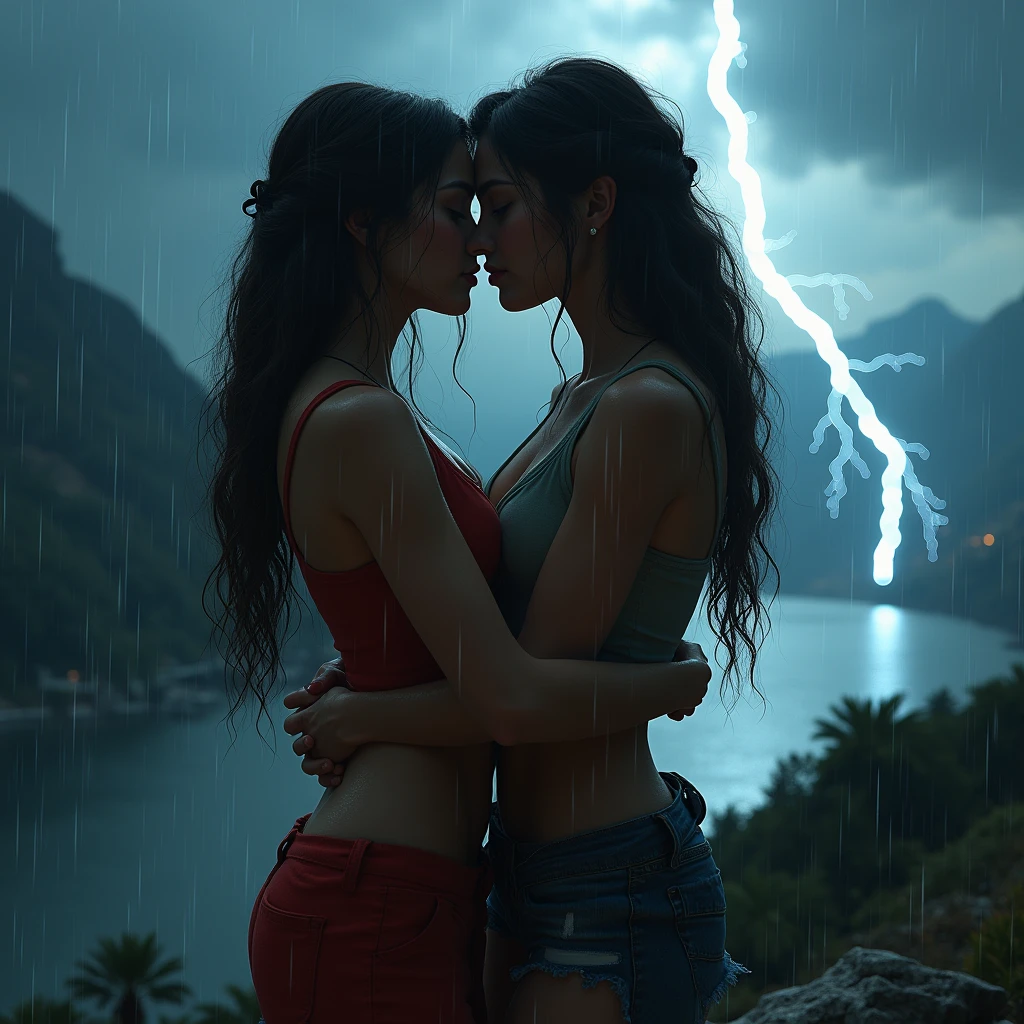 (best quality,realistic,highres:1.2),ultra-detailed,photorealistic,female vampiress with (extremely big fangs),carrying (terrified tall blonde woman) on a (lonely) country road at midnight during a (fierce thunderstorm). The vampiress is depicted in a (full body view), exuding an aura of both (elegance) and (menace). Her (pale, flawless) skin contrasts with the (dark, stormy) surroundings, emphasizing her otherworldly nature. The vampiress's (long, flowing) hair is (jet black) and cascades down her (slender, sinuous) back. She is wearing a (form-fitting, ethereal) (black gown), which billows in the wind, adding to the sense of (mystery) and (drama). Her (sharp, piercing) gaze is directed towards the viewer, conveying both (supernatural allure) and (menacing intent). Meanwhile, the (blonde woman) clings onto the vampiress with a (grip of desperation), her (wide, frightened) eyes reflecting the terror she feels. The scene is illuminated by (flashes of lightning) and (ominous shadows), casting an eerie atmosphere on the (twisted trees) and (rain-soaked road). The stormy weather intensifies the sense of (danger) and (vulnerability), capturing a moment of suspense and intrigue.