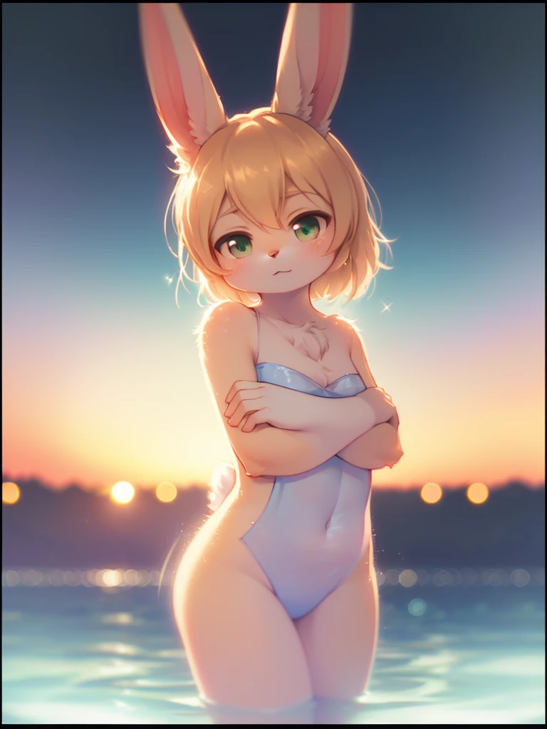 sfw, by claweddrip, by ressue, by pudgeruffian, by fleet-foot, by thericegoat, best quality, masterpiece, solo, female, rabbit, rabbit tail, (lop ears:1.1), blonde hair, long straight hair, beige fur, yellow eyes, bright eyes, medium breast, off-shoulder bikini, white bikini, pool, (squinting)