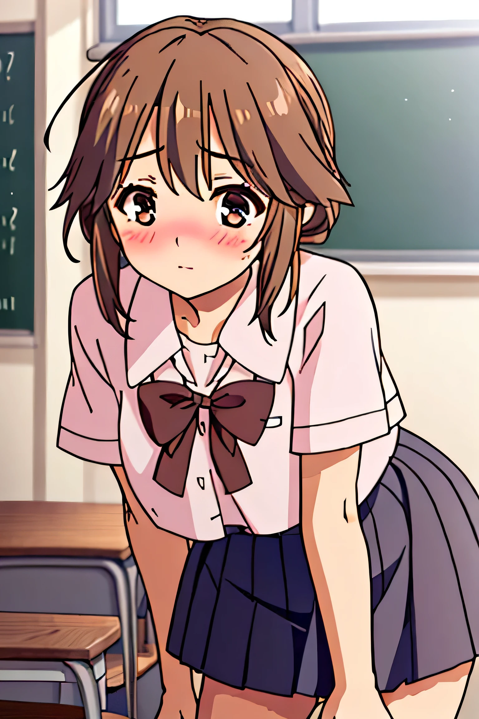 ultra-detailed,masterpiece,best quality,jcf, 1girl,brown hair,large bow,blush,leaning forward,classroom,blackboard,desk,window,shirt,skirt, 