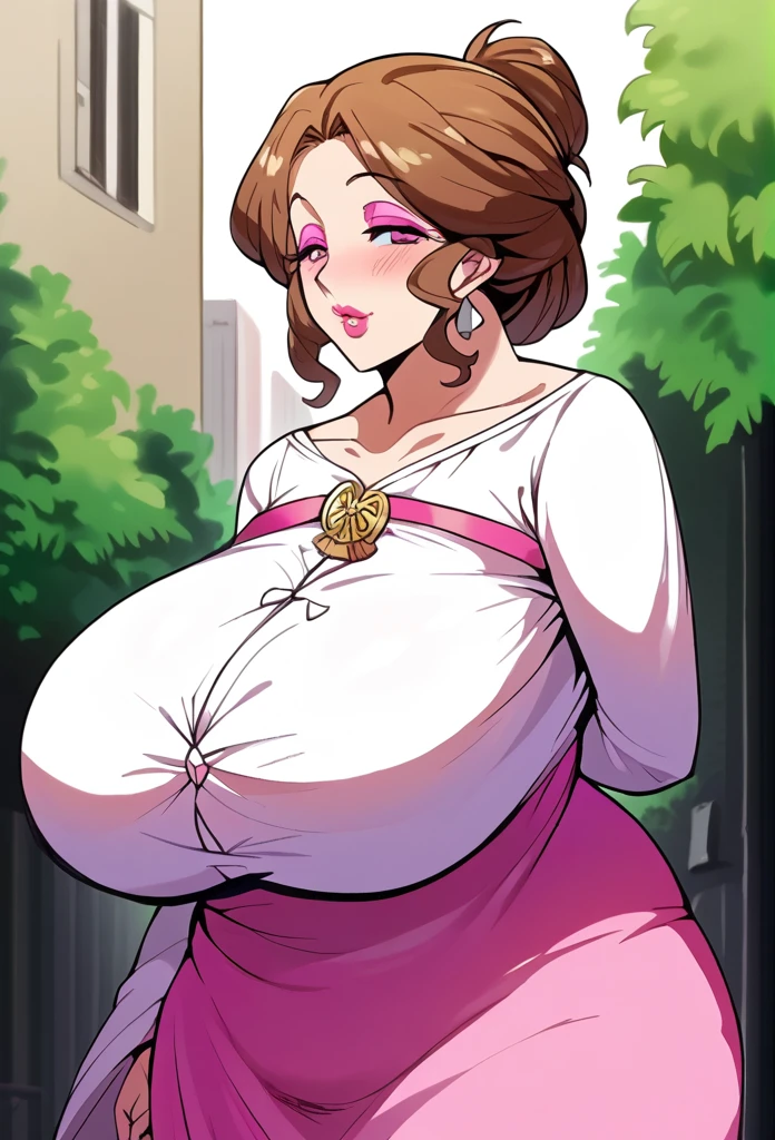 anime colord,kazami torino,(gigantic breasts:1.4),wide hip,thick thighs,plump,mature female nude,brown hair,updo,lipstick,tareme,cowboy shot,blush,  (((phosphor pink lipstick, plump lips, phosphor pink eyeshadow)))((In the background a street with trees and houses attached like apartments))