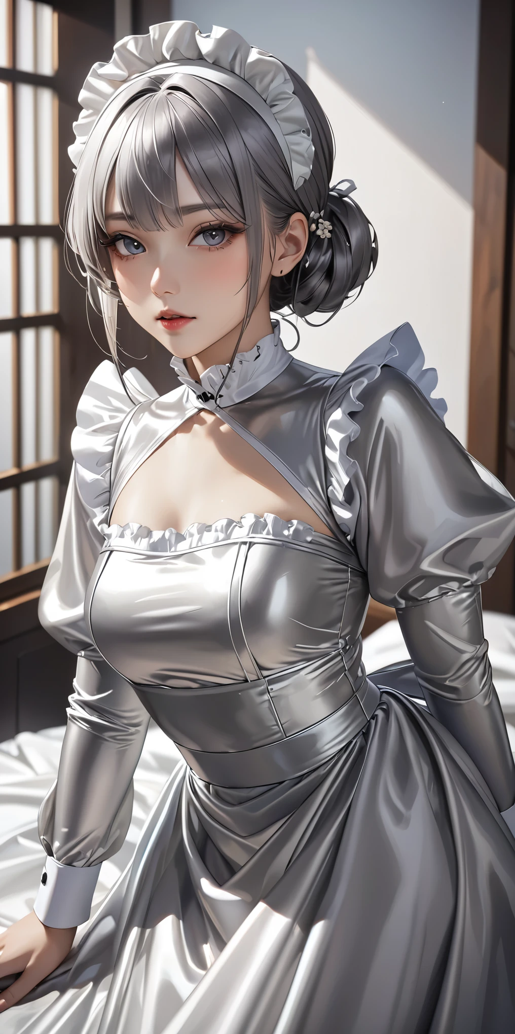Portraiture、(masterpiece,Highest quality,Ultra-high resolution),Japanese women, (((Very beautiful 25 year old girl)))、She is wearing a shiny light silver satin long sleeve maid outfit..、The dress has a simple design without any patterns...、The skirt is a long skirt with frills.、Satin Gloves、((Satin bodysuit))、Bright room