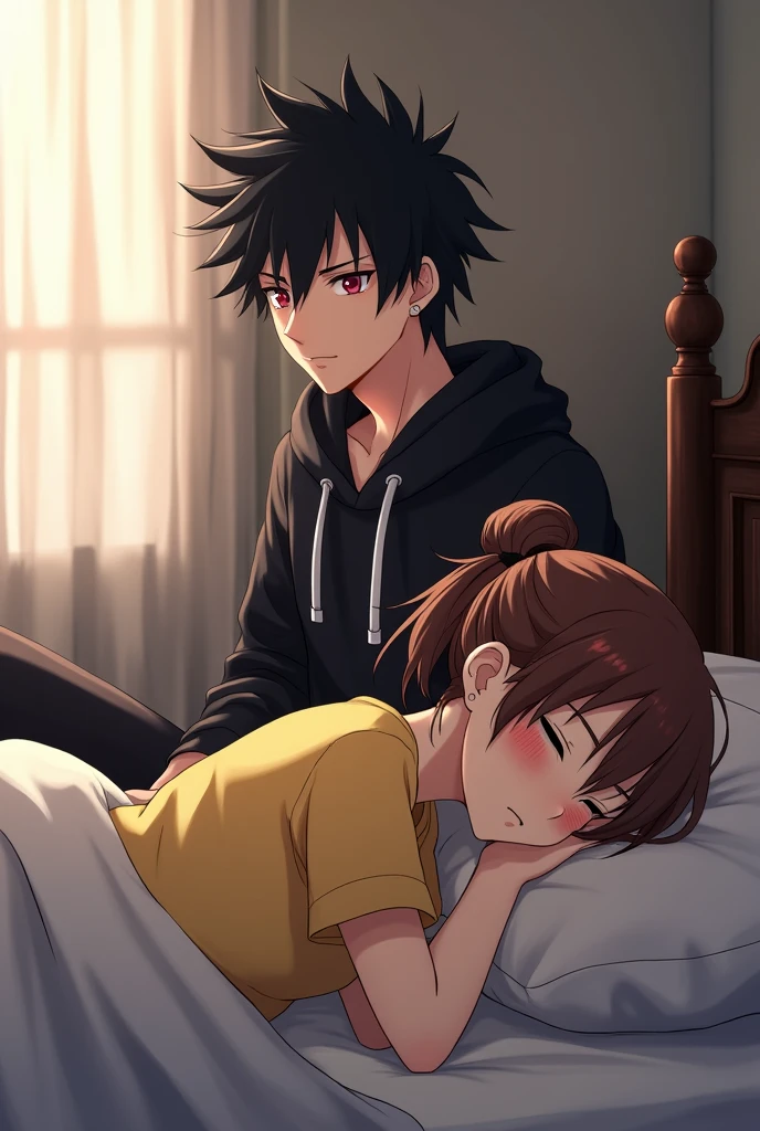 Male wolf ears, shy face, wearing this pajamas, lazing on the bed, turning his body, and a rabbit ear next to him, looking at this male rabbit looking at each other