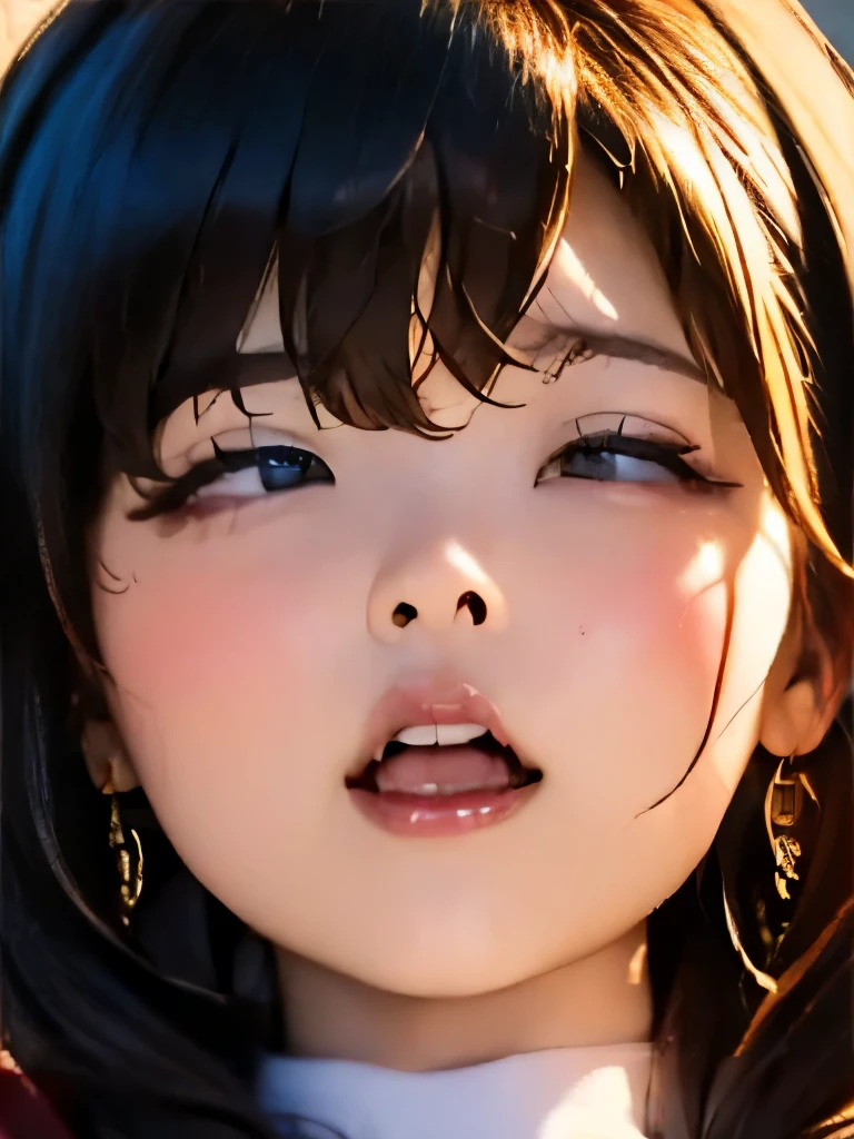 High-resolution images, (((Round face))), Realistic eye size, Realistic Skin, Droopy eyes, smile, ((Mr.々A feminine casual long dress with a simple pattern)), (Strong sunlight, Old Fashion), skyscraper, Put your hair up, Small earrings, Touching the chest,(cum in mouse:1.3),topless、