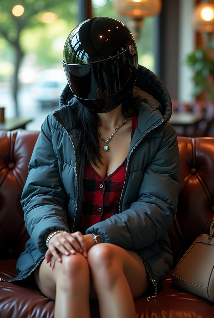 Full body misterious completely hidden face and mouth by biker helmet over head, mouth and nose, white skin latin woman, 5'7" tall, medium lush black hair, deep green eyes, wearing zip up dark blue quilted down nylon jacket with golden buttons, closed zipped up gray hoodie jacket under nylon jacket, black bell bottom pants, rolled up sleeves, zipping up jacket, up collar, cleavage, red and black plaid formal button down blouse under hoodie jacket, happy smile, lying on sofa on shopping center, high hill sandals, summer sunny day, bag, watch and bracelet, neck chain, ear rings, crossing legs
