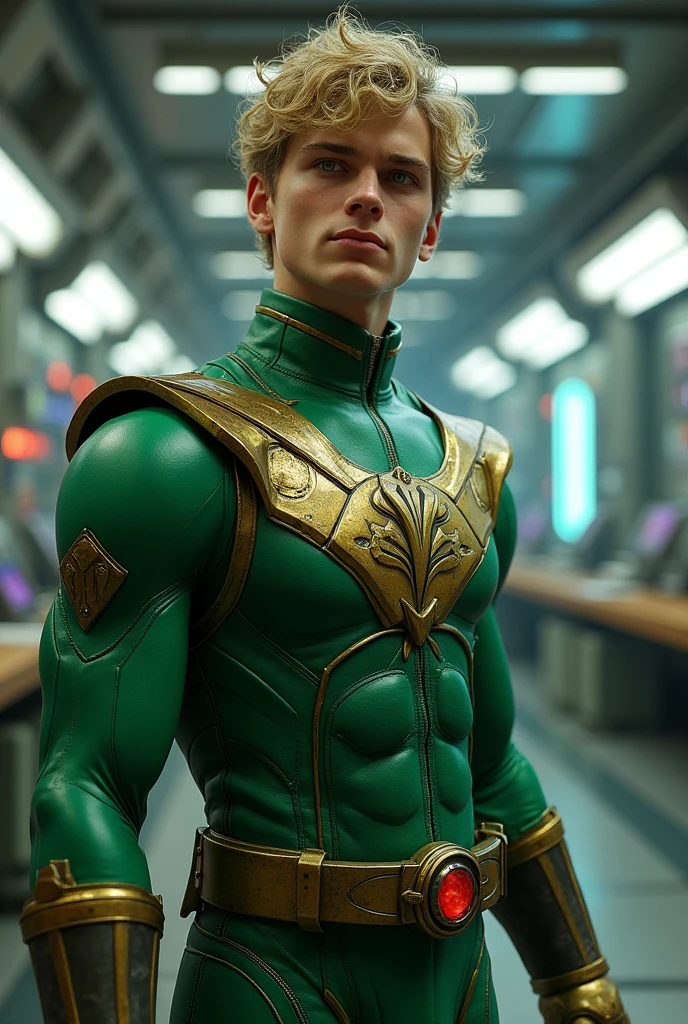 A detailed anime boy with beautiful orange hair, intense green eyes, delicate facial features, wearing a green superhero costume, dynamic action pose, dramatic lighting, digital painting, concept art style, vibrant colors, 8k, highly detailed, cinematic, photorealistic