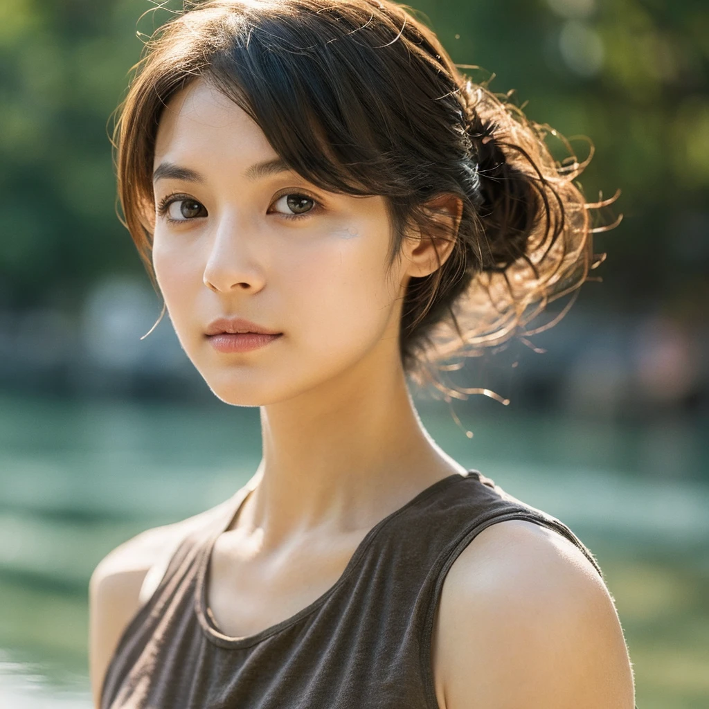 A hyper-realistic image of a single Japanese woman in her early 20s, captured with the nostalgic warmth and pronounced graininess of a film camera. She is shown from the shoulders up, with a variety of hairstyles such as straight, wavy, or lightly tousled hair, each catching the light in a natural, dynamic way. Her skin has a darker, olive-beige tone with a noticeably rough texture, showing enlarged visible pores, fine lines, small blemishes, light scarring, and uneven patches of color such as subtle redness, slight dark spots, and natural discoloration around the cheeks, forehead, and nose. The texture is further enhanced by areas of slight oiliness and visible dryness, particularly around the nose and lips, creating an unrefined, authentic appearance. The light is soft and diffused, casting subtle shadows under her cheekbones and along the sides of her nose, adding depth and contour. She is dressed in a variety of summer clothing styles, like a light, sleeveless dress, a casual T-shirt, or a delicate blouse, each reflecting the relaxed ambiance of a warm day by the river. The background features a softly flowing river, with subdued natural light reflecting off the water’s surface, contributing to a calm, natural setting. The muted natural light and film grain effect add a sense of realism, highlighting the rough and varied texture of her skin without over-brightening it. Her deep brown eyes reflect the low, ambient light, adding depth and emotion. The composition captures a raw, unfiltered beauty, emphasizing natural imperfections and a darker skin tone that convey a true-to-life appearance.