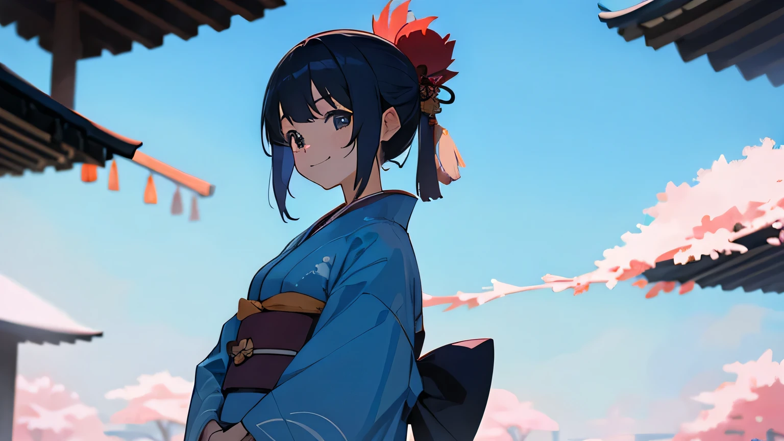 Anime girl in blue kimono standing in front of a building - SeaArt AI