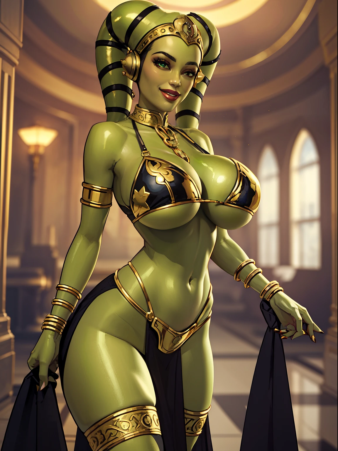 1girl, huge tits Twi'lek, sexy busty, masterpiece, best quality, highly detailed, award winning, high definition, ((green skin), twi'lek), ((topless))), ((busty), slender body, thin, slim sexy body, slim waist, (((gigantic boobs, gigantic breasts)))), Imperial starship, Star Wars, futuristic club, sexy big tits