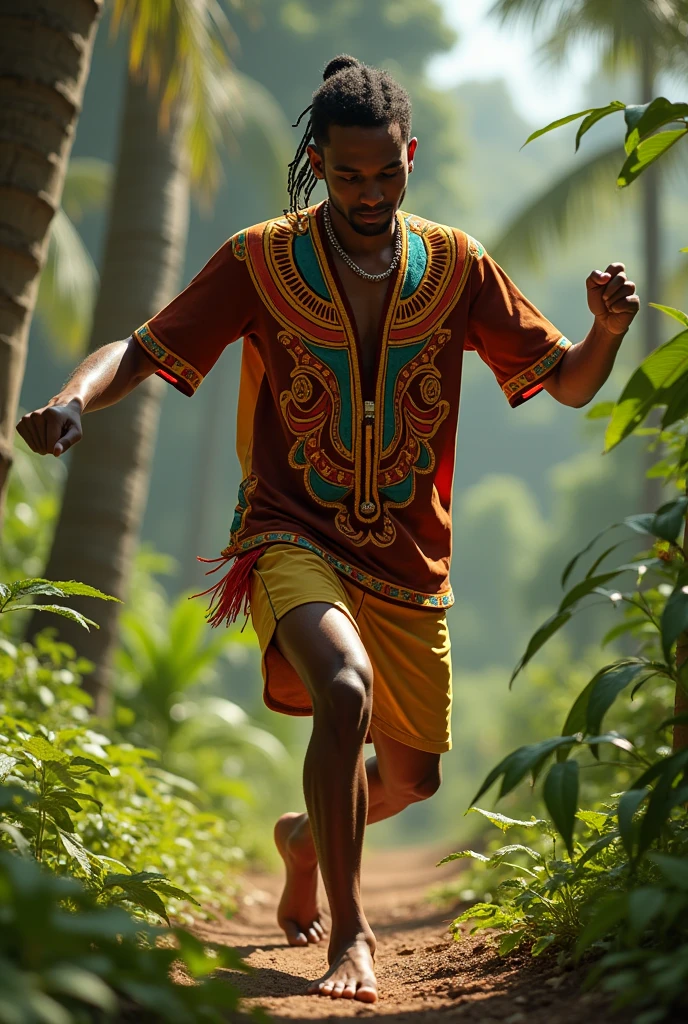 "An Indian water carrier walking along a dirt path, balancing two large pots on a wooden pole across his shoulders,