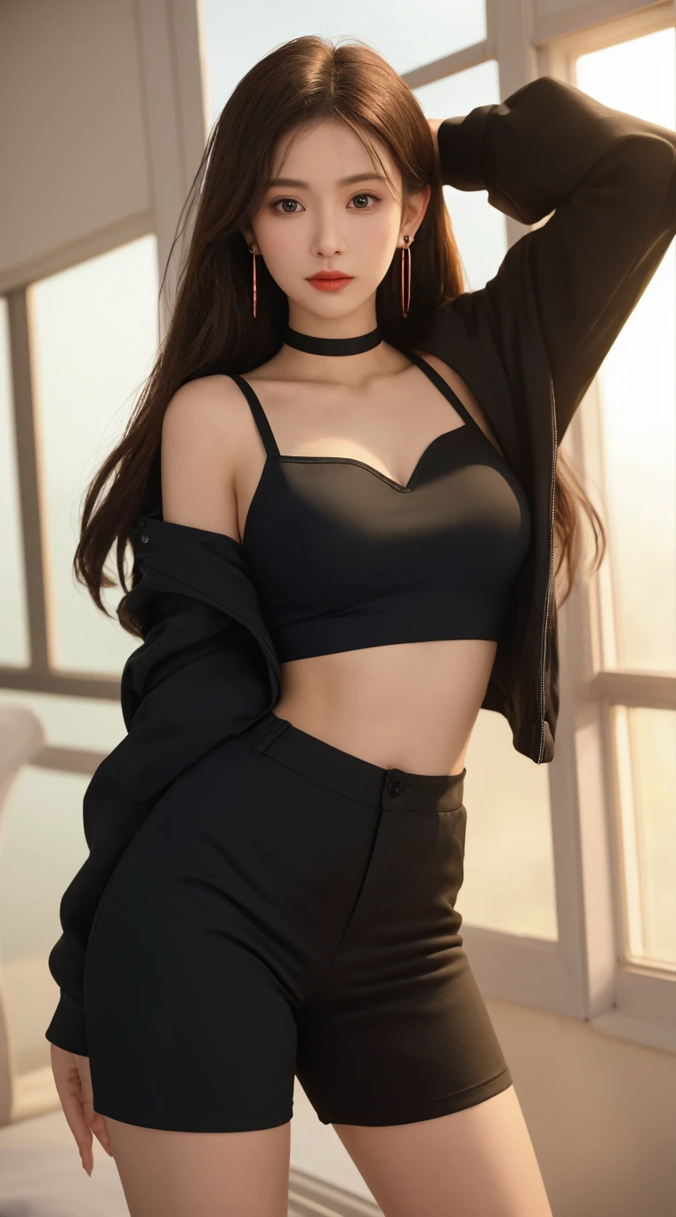 ((Realistic lighting, Best quality, 8K, Masterpiece: 1.3)), Focus: 1.2, 1girl, Perfect beauty: 1.4, Slim Abs: 1.1, ((wavy red hair, big ass,small breasts: 1.3)), (black chocker, ,Transparent button up white tight office suit : 1.5, Black open crotch socks: 1), (Outdoor, night: 1.2), thin eyes, Double eyelids, (lying on bed: 1.4), facing the camera, seductive lips open, (half body: 1)