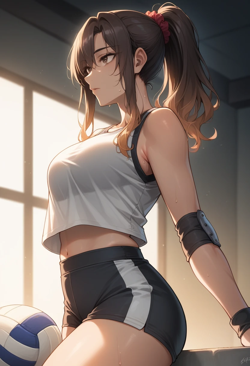 highres, highest quallity, illustration, cinematic light, dramatic shading, night days, good lighting, volumetric lighting, backlighting, light rays, deep brown eyes, Black long hair, gradient hair, High Ponytail, red_scrunchie, (highres:1.0), solo, perfect body, medium breasts, curvy body, beautiful face, Expressionless, look away, Adult woman, dripping with sweat, sweat, best perfect anatomy, thin, ray of light through hair, close up shot on person, close up shot on person, mature woman dynamic poses, White Volleyball Ladies Vest, black elbow pads, Finger Band-Aid, Number 22 shirt, slim fit, grey racing shorts, perfect dynamic composition, foreshortening, background: Volleyball court stadium,