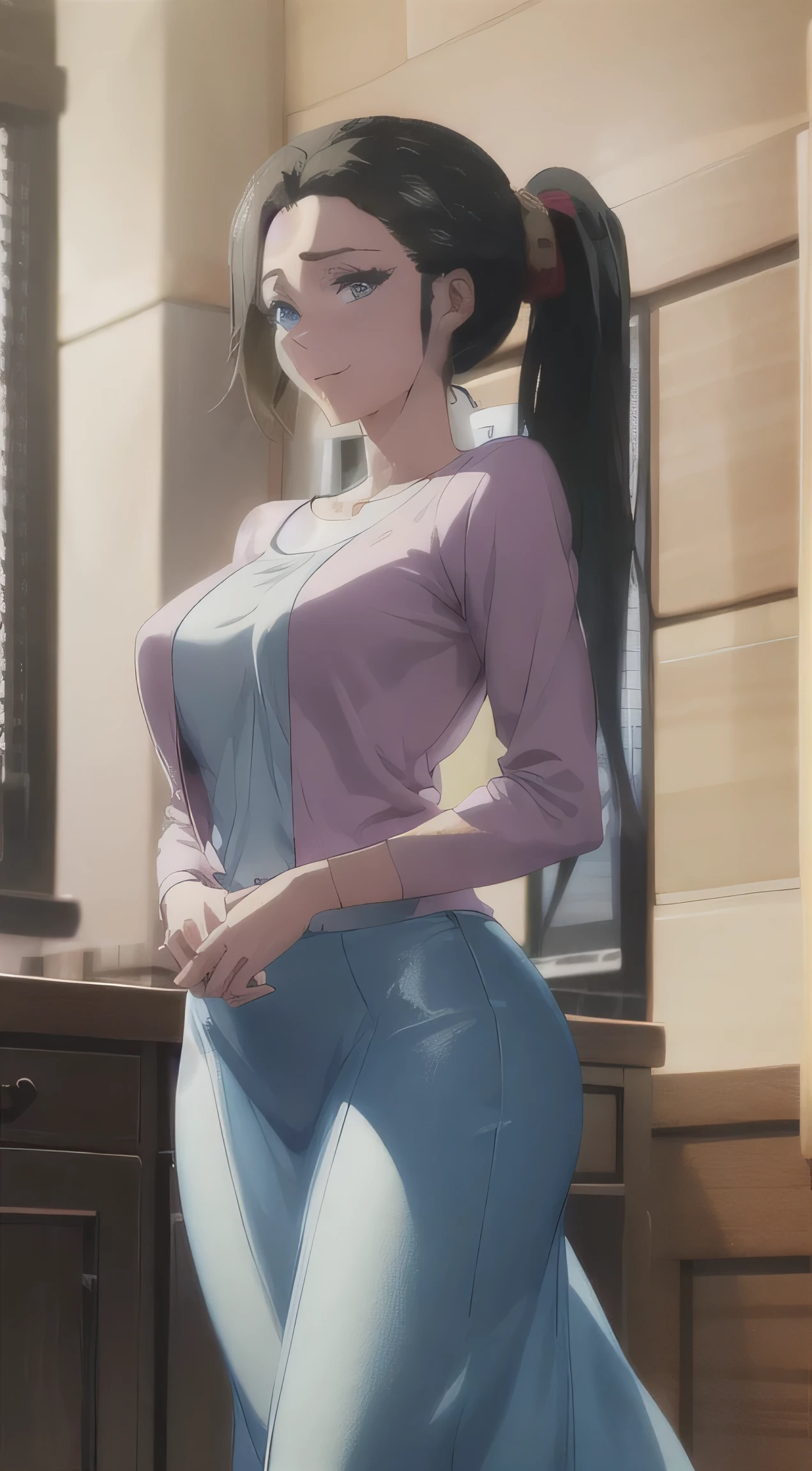 masterpiece, (best quality), 1woman,1girl ,haruhiko_ichijou_mother, black hair, long hair, (blue eyes),gown, (honeymoon),big ,(:1.2), , woman,smile, hair between eyes, long sleeves,, embarrassed,blush, , vibrant colors ,natural lighting ,RTX, , beautiful, (detailed face:1.2), showcase, (perfect eyes:1.1) ,(photorealistic:1.1), 8k uhd, looking at viewer, indoors, simple backround, hard nippples, ponytail hair