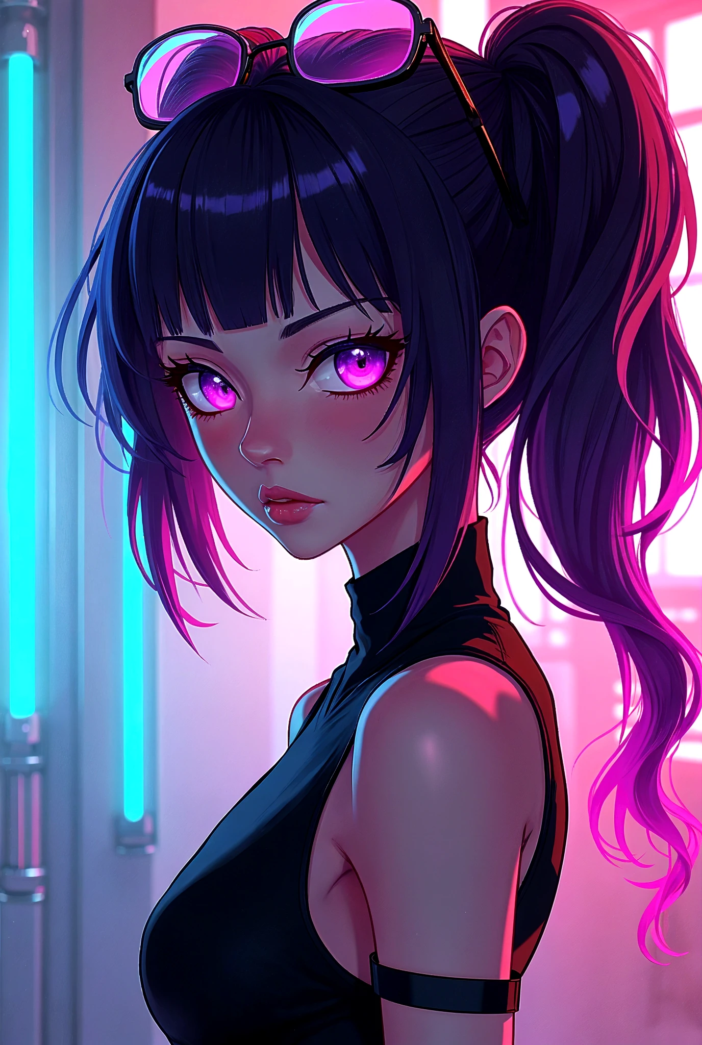 long hair beautiful girl anime hair flouresente hair shinier, color purple neon orange neon