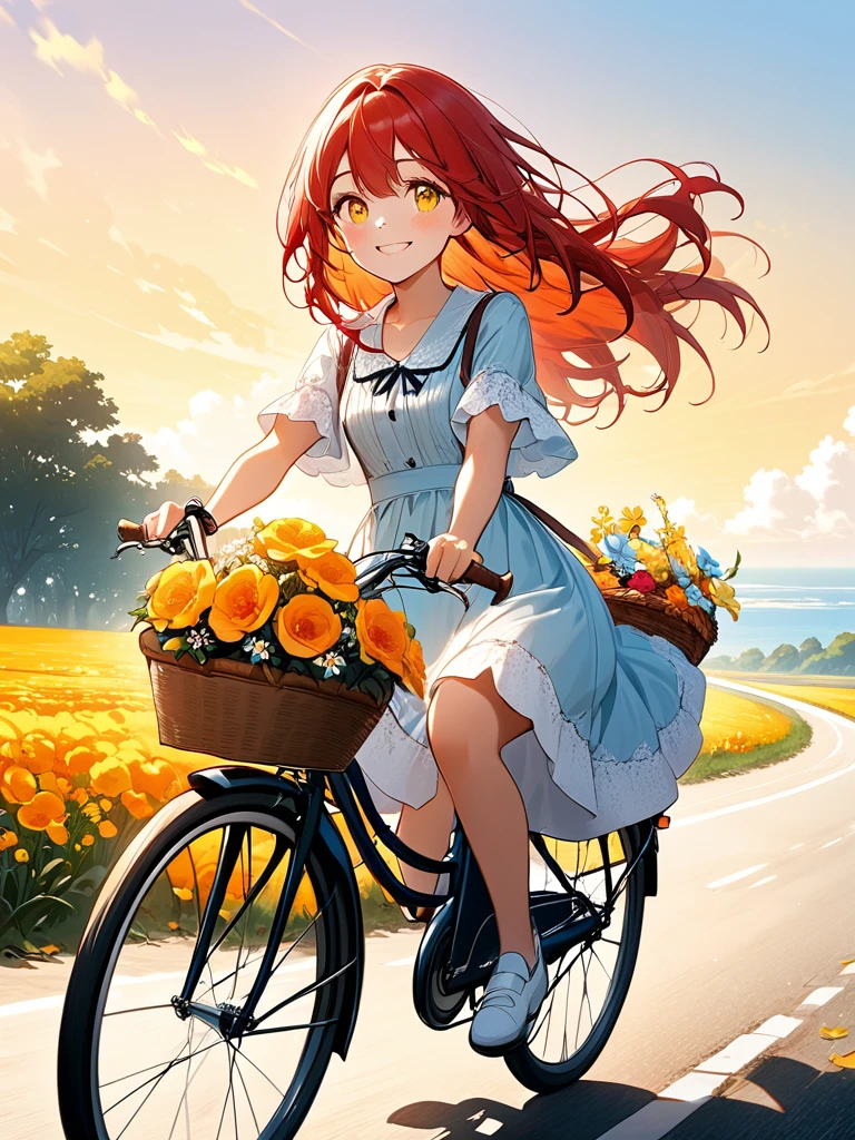 A girl riding a bicycle. Smiling like eyes closing.  frock.  Red hair.  Red, orange, yellow sky.  Beautiful bicycle with flower basket.  The flower-lined road.  The yellow sea in the distance.