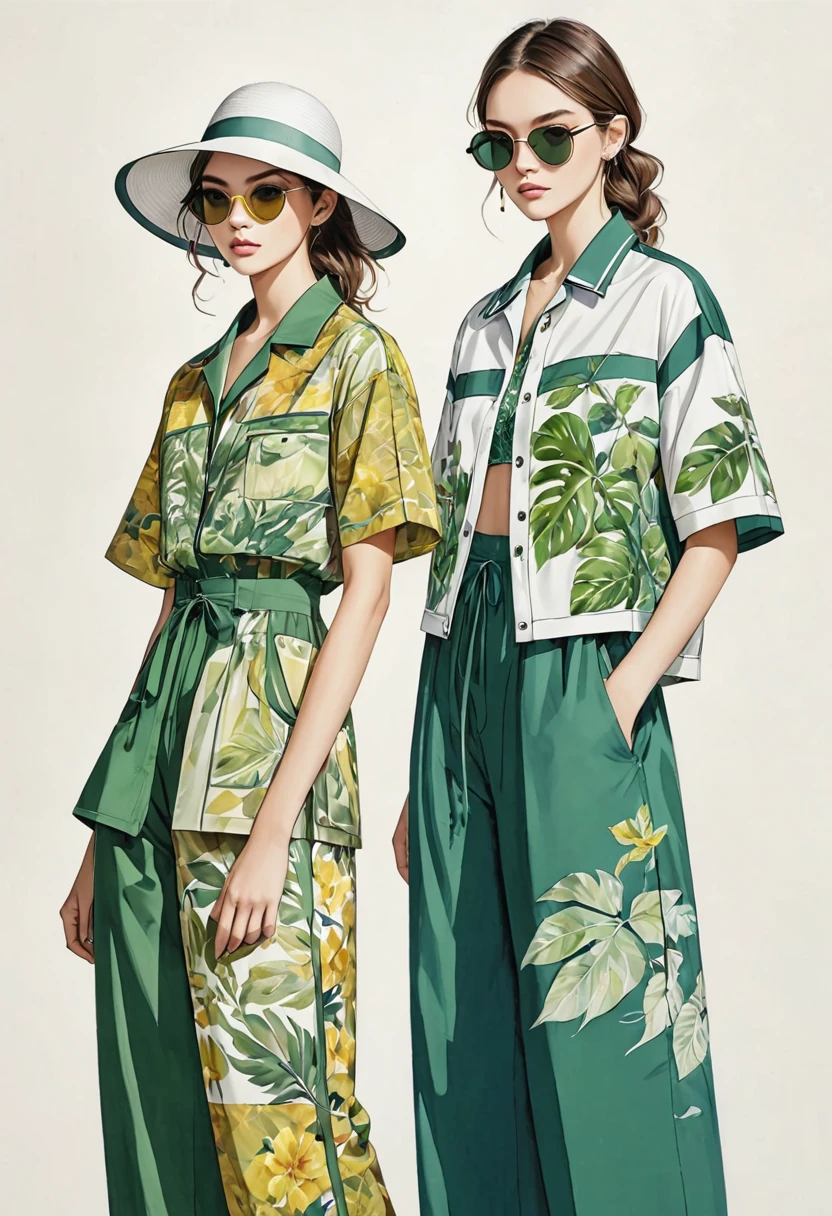 candid fashion illustration of young supermodels, aged 18-23, tall and slender, ((showcase in fashionable cotton outfits inspired by Christian Dior resort collection)), in elegant and minimalist style of (presenting the natural woven fabric or e-co print and patch-work. mixed and blending of dark green, lime, Moroccan blue, purple and maize color tone. The man wears a short-sleeved bowling shirt with leaf and plant patterns  details and oversized Jacket, collage details, paired with Drawstring pants. The woman wears a classic  sunny dress, (all completes the look with white sneakers, accessorizes, hat, sunglass. Captured in a ((full-body image)), relax and simple pose, ((water-color paint on white paper background), realistic pencil lines, imperfect drawing, charcoal lines detail, fading sketch, fashion Sketching, low angle view, (full body image),