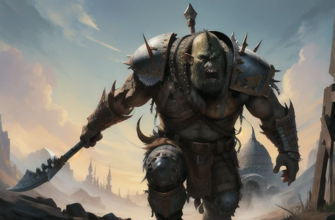 one ork, turk armor, polearm, muscular, full body focus, (masterpiece:1.2) (illustration:1.2) (best quality) (detailed) (intricate) (8k) (HDR) (wallpaper) (cinematic lighting) (sharp focus)(highly detailed face) 