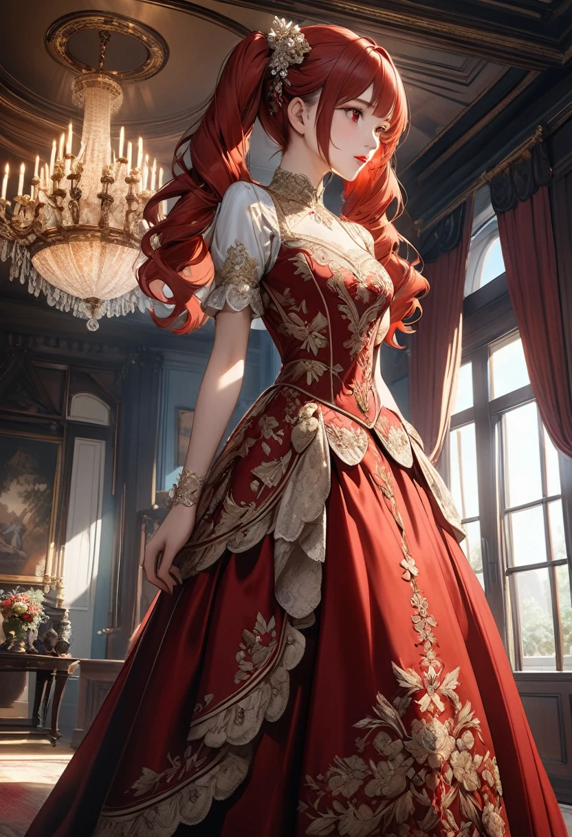 a princess in a ball gown dress red gold and black, going from the neck to the feet, that goes from neck to feet, com saia rodada, uma capa de pele longa, cabelo cacheados em um rabo de cavalo alto, labios vermelhos, olhos azuis, olhos e labios detalhados