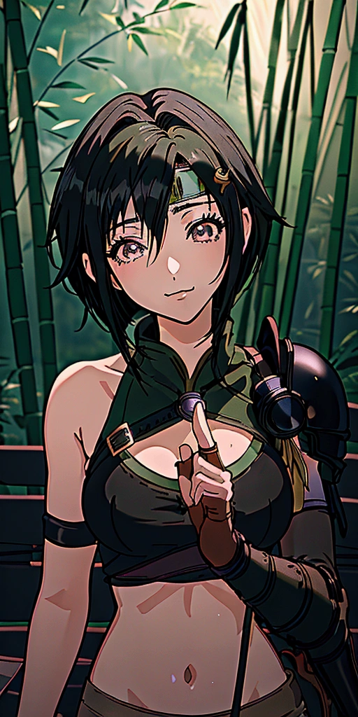 (((masterpiece))),((Highest quality、masterpiece、anime style、best quality、high resolution、8k、detailed、ultra-detailed:1.3)),(((Beautiful one woman:1.3))),((yuffie kisaragi,Black Hair、Shortcuts,Beautiful Eyes、Draw the eyes clearly:1.3)), headband, green crop top, shoulder armor, armguard, fingerless gloves, tan shorts, single thighhigh, fishnets, upper body, looking at viewer, furrowed brow, smug smile, closed mouth, grass, bamboo, sky,sexy pose,outdoor,Daytime