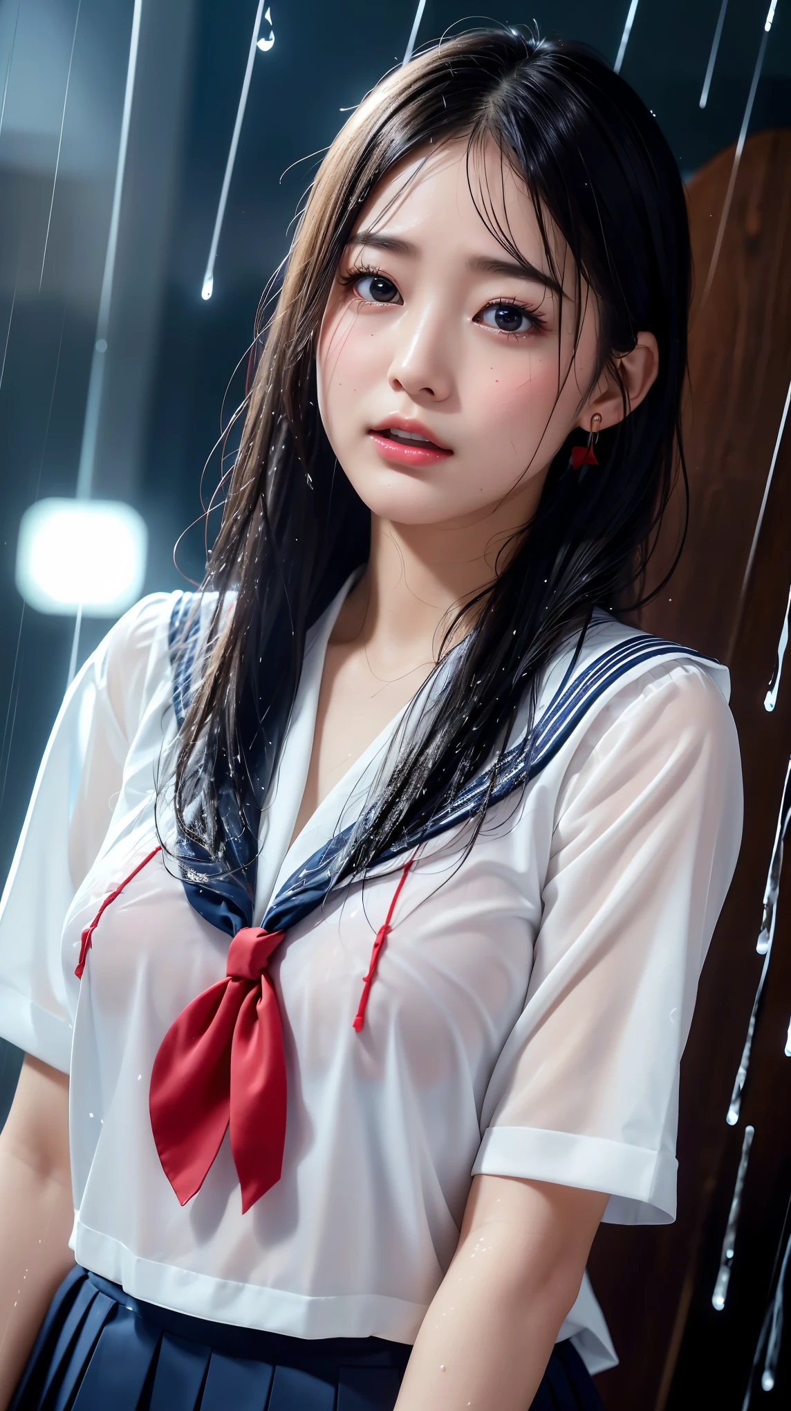 ulzzang-6500-v1.1, (Raw photo:1.2), (Photorealism), Beautiful detailed girl, Very detailed eyes and face, Beautiful detailed eyes, Huge file size, (Big), High Resolution, Very detailed, Best quality, [Masterpiece:1.6], [JK Uniform], Illustration, Very detailed, CG, Fine detail, Best quality, Very detailed CG uniform 8k wallpaper, Movie Lighting, 1 girl, , cute Japan high school girl, perfect figure, [white school blouse unbuttoned, bra visible], large taut breasts, [huge breasts, heavy breasts, H cup: 1.9], cute droopy eyes, beautiful big eyes, no bra, sweaty and wet, [sexual arousal: 1.1], lying in bed: 1.5], hands raised, school uniform ribbon around neck, smile, (the whole body is wet), shining eyes, big breasts, big, big, head on pillow, stomach, button open
