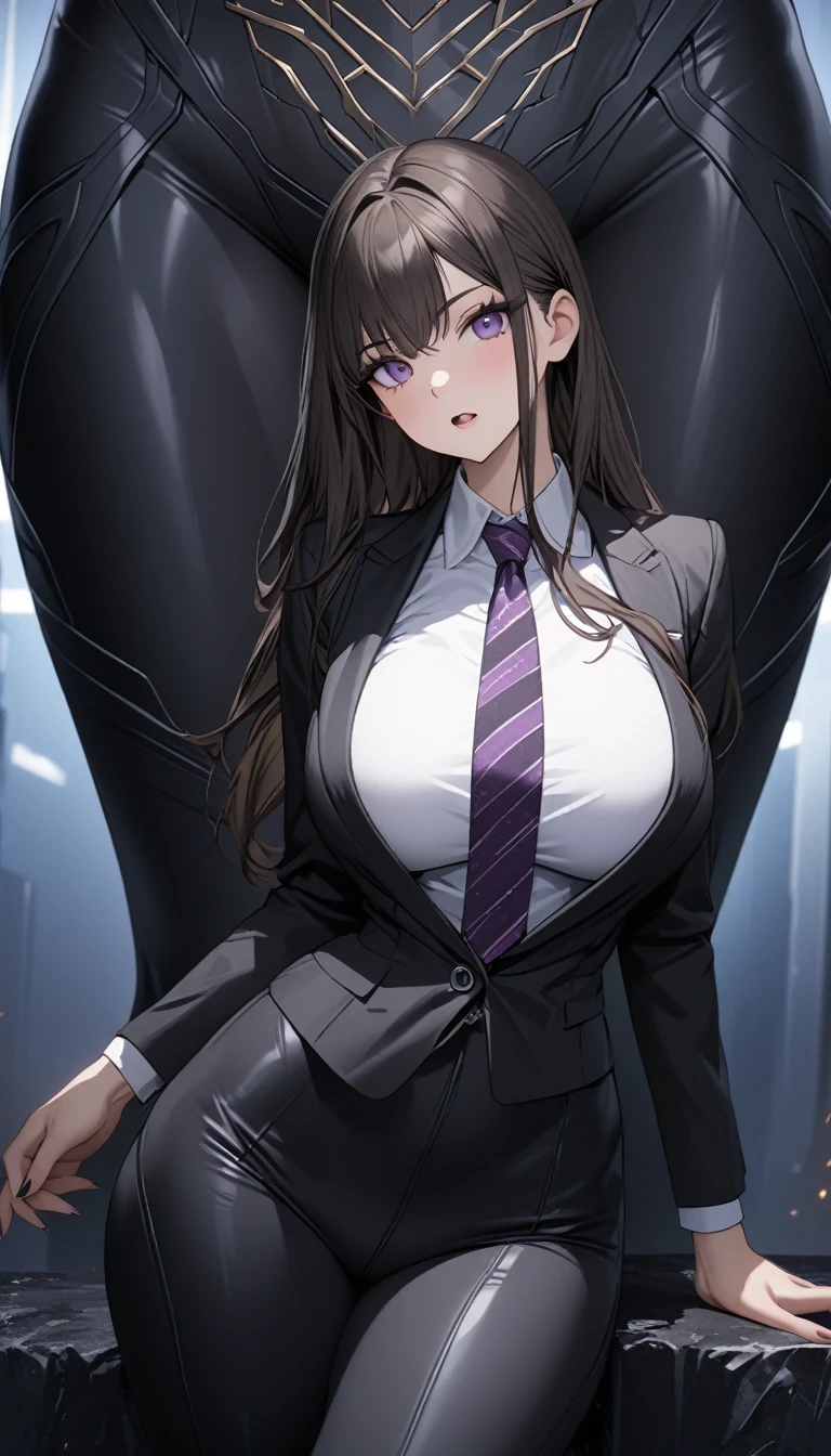 ((masterpiece)), ((high quality)),((ultra-detailed)), ((extremely detailed)),(character portrait), 4K,8K,wearing black pants suit, white collared shirt, black pants, 20yo, a beautiful woman, very tall woman with great style, perfect big breasts, perfect big ass, tight suit, slender body, 1girl, solo, middle perfect hands, perfect face, perfect purple eyes, perfect body, beautiful legs, cinema lightning, purple striped patterned necktie, cold beauty, open mouth
