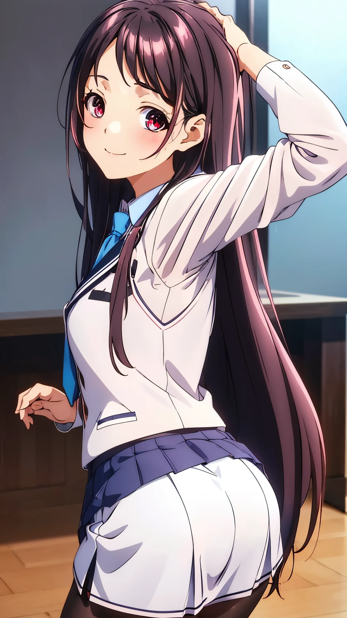 Show your armpits,Kaori Hojo, girl, (masterpiece: 1.1), (highest quality: 1.1), red eyes, long hair, cute smile, blush, ((school uniform), jacket, sleeve, tie, white skirt), pantyhose, loafers, school room, ((looking back at viewer:1.1)), (from behind, cinematic angle:1.3, upper body), gravure,