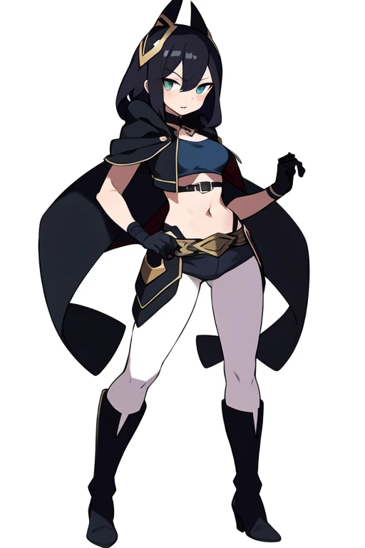 stand posture, cute eyes, adult female, solo, high fantasy cloth, ((white background)), full body, crop top, character design, vivid color,  glove, boots,