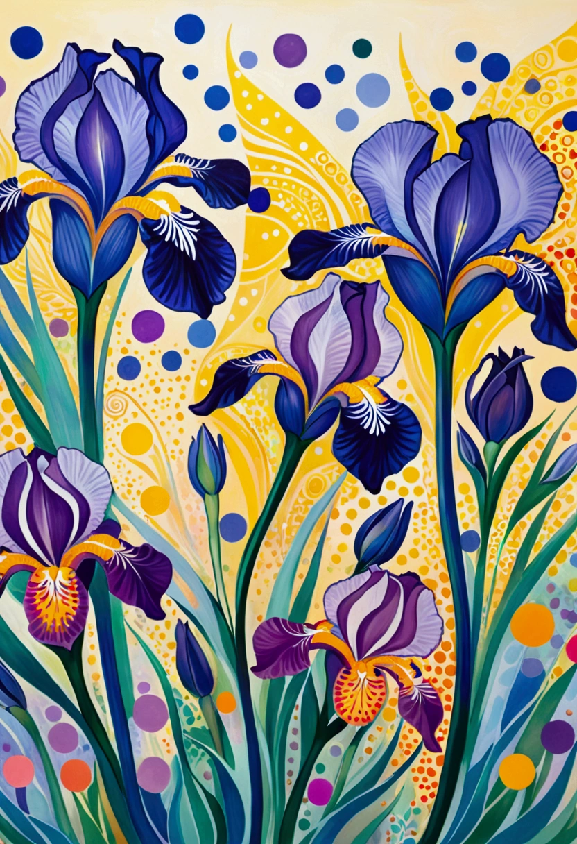 Colorful abstract painting:Vivid pattern - Bright,Elegant and soft color iris - dynamic, Smooth lines accommodate various shapes ，With purple and blue dots - a fusion of organic and geometric shapes，Create a lively and vibrant atmosphere
